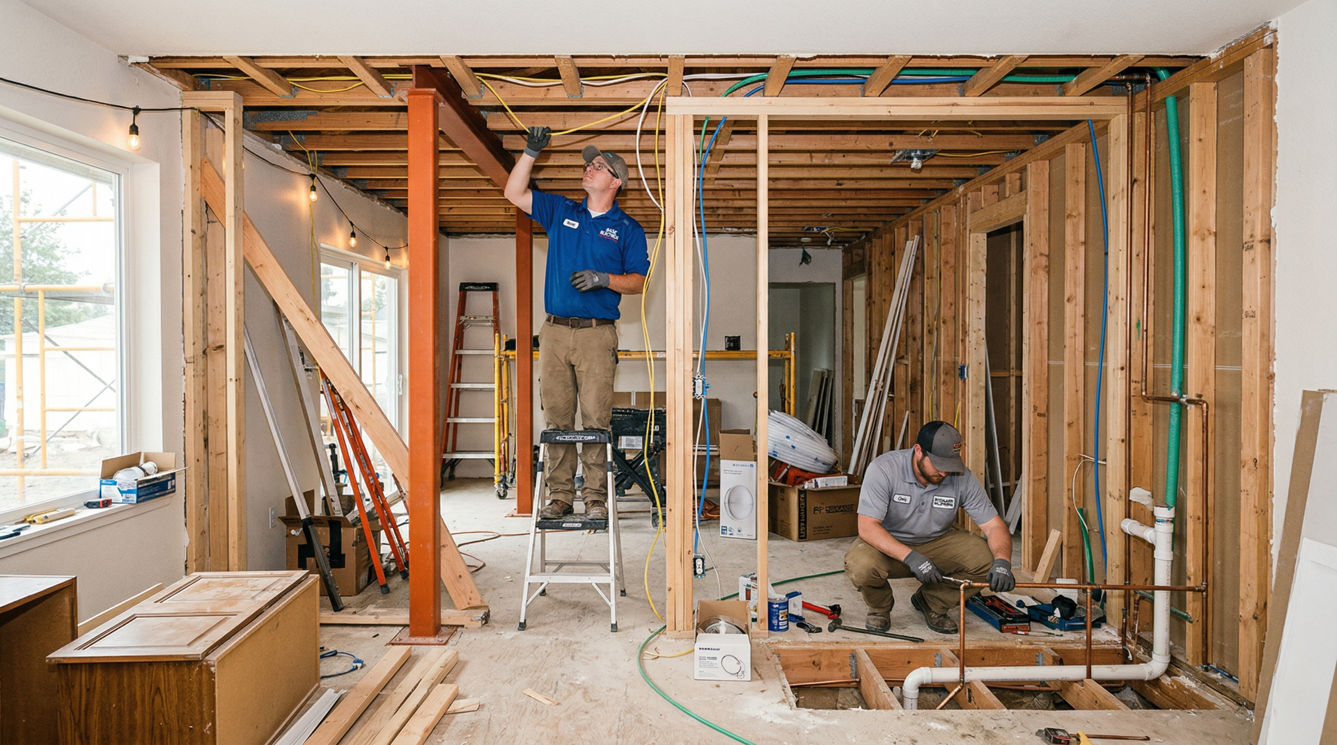 Residential renovation crew working on a home exterior project