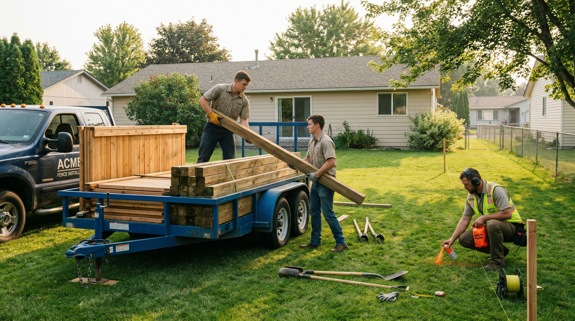 Three-man fence installation crew setting posts at a residential property