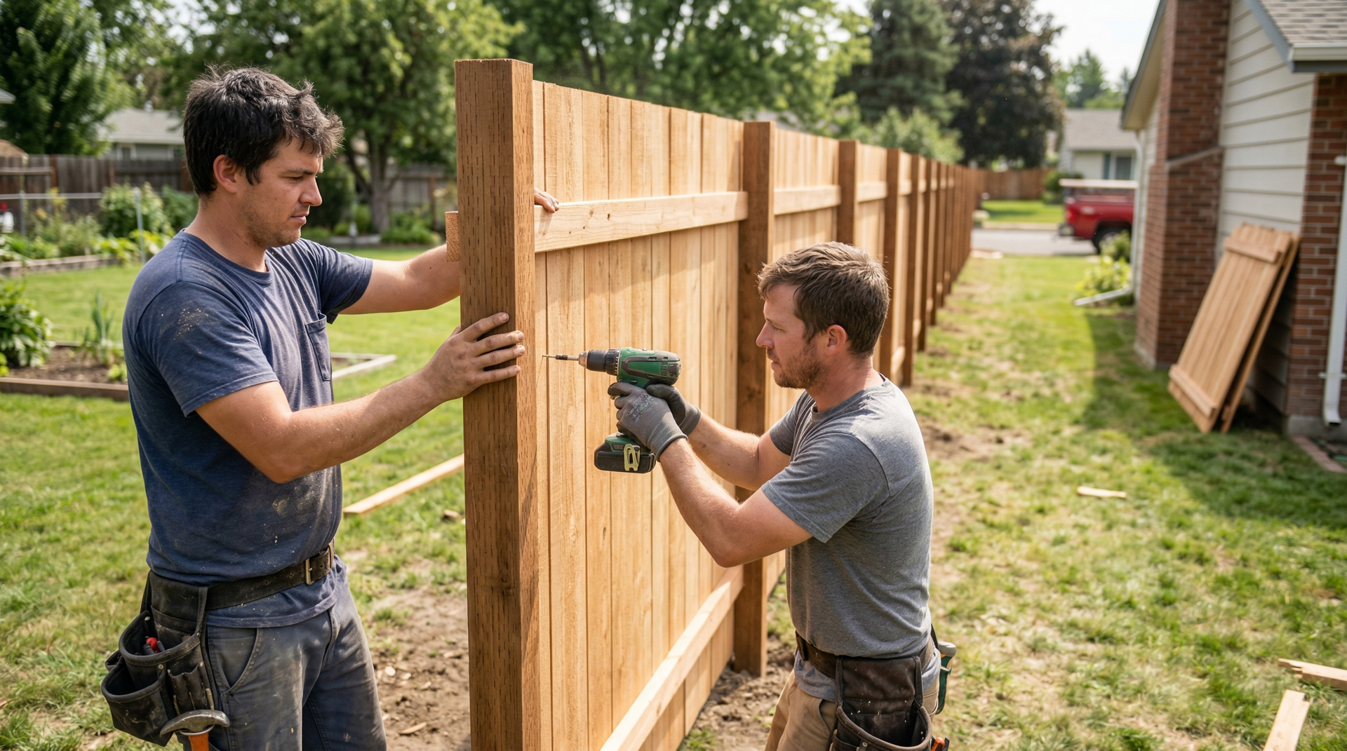 Two-person fence crew attaching privacy pickets to a residential fence line