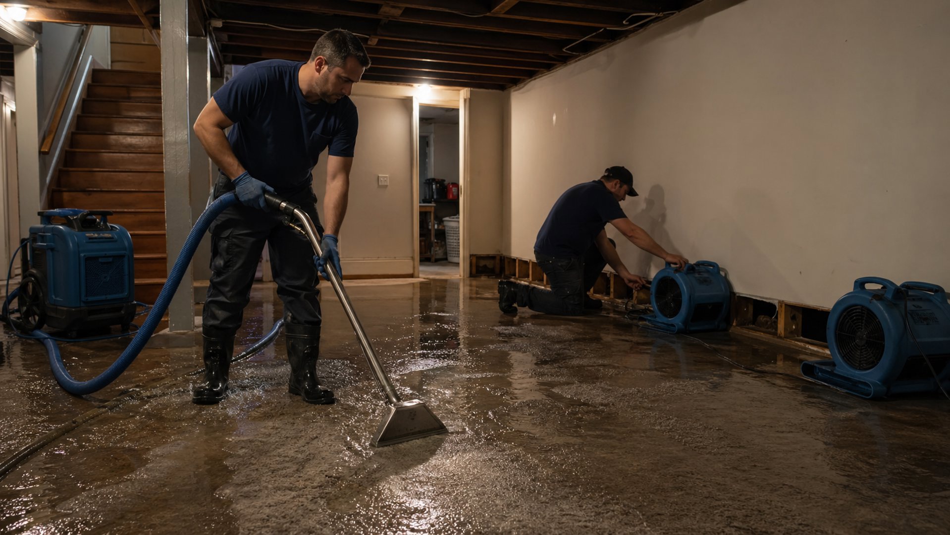 Water damage restoration crew performing basement flood cleanup and water extraction