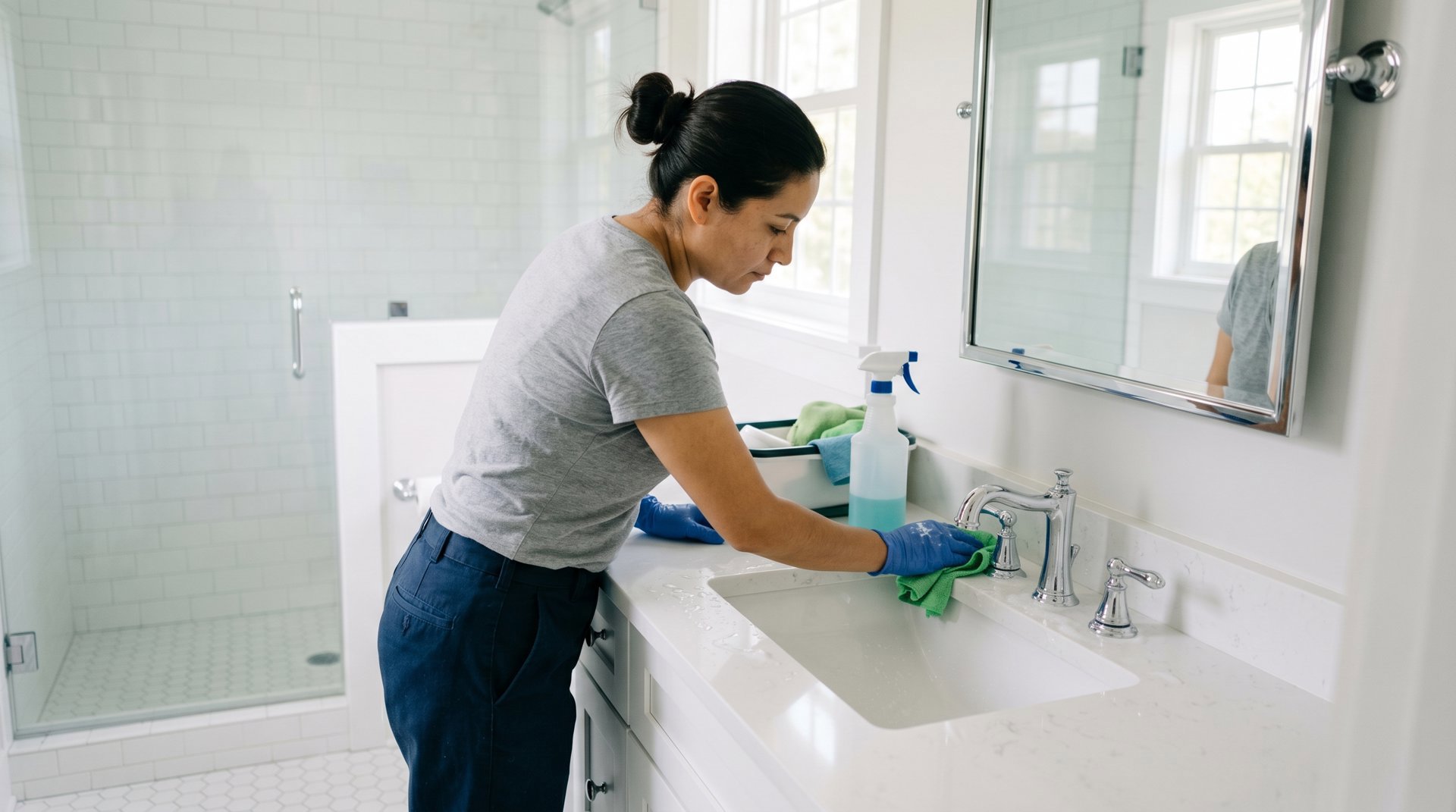 Cleaning professional wiping bathroom sink and mirror