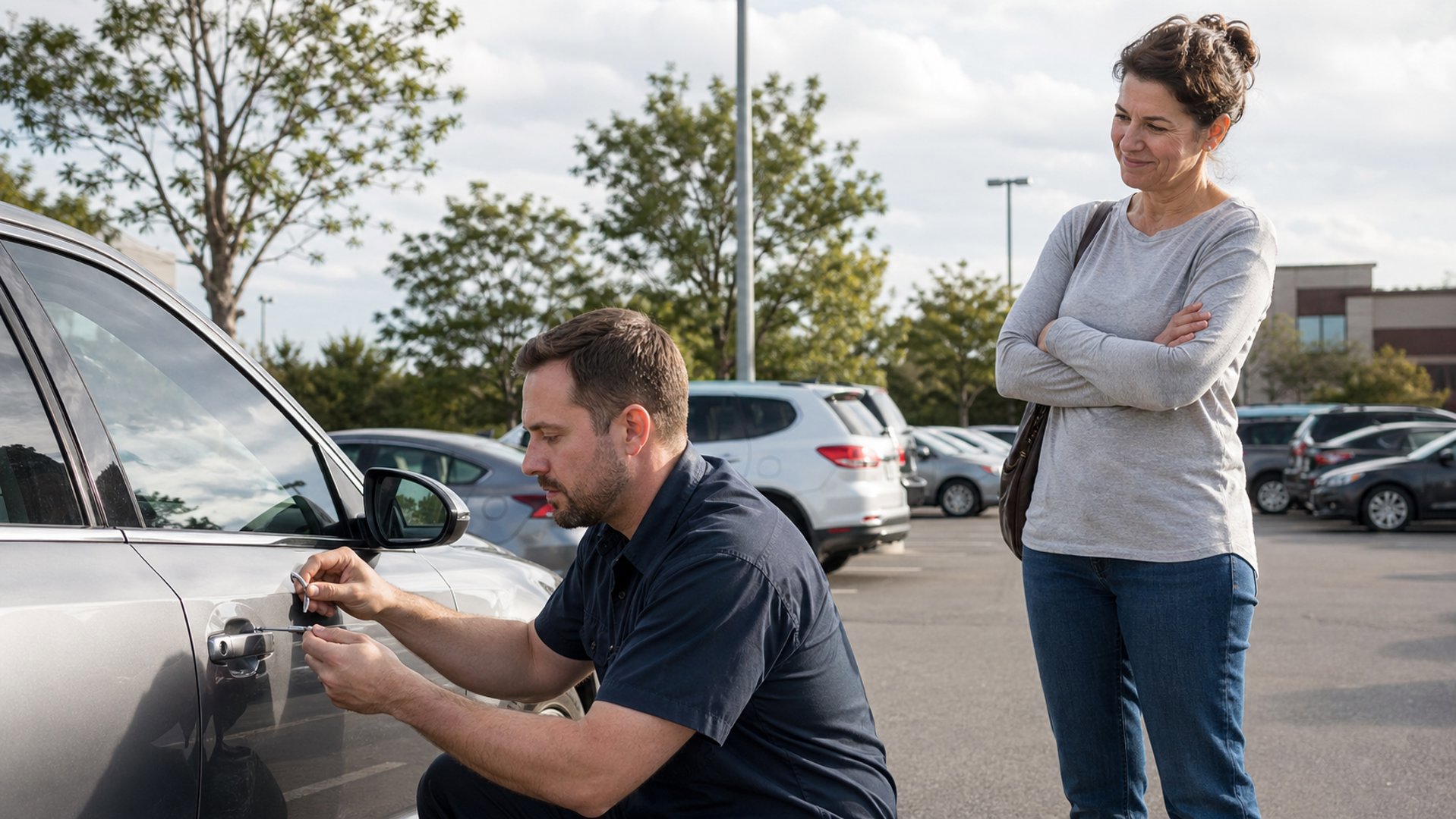 Locksmith providing emergency vehicle lockout service in a parking lot