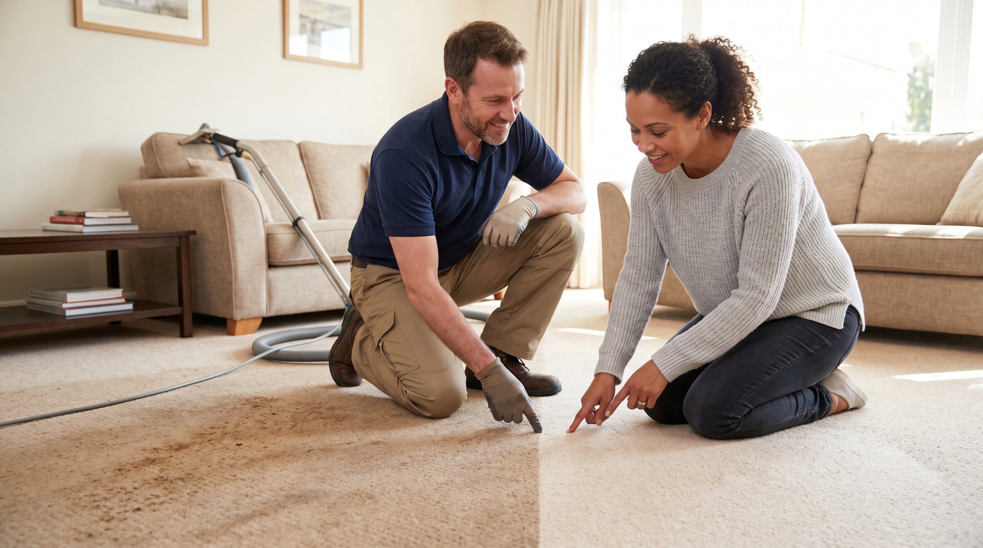 Carpet cleaning demonstration in a residential living room