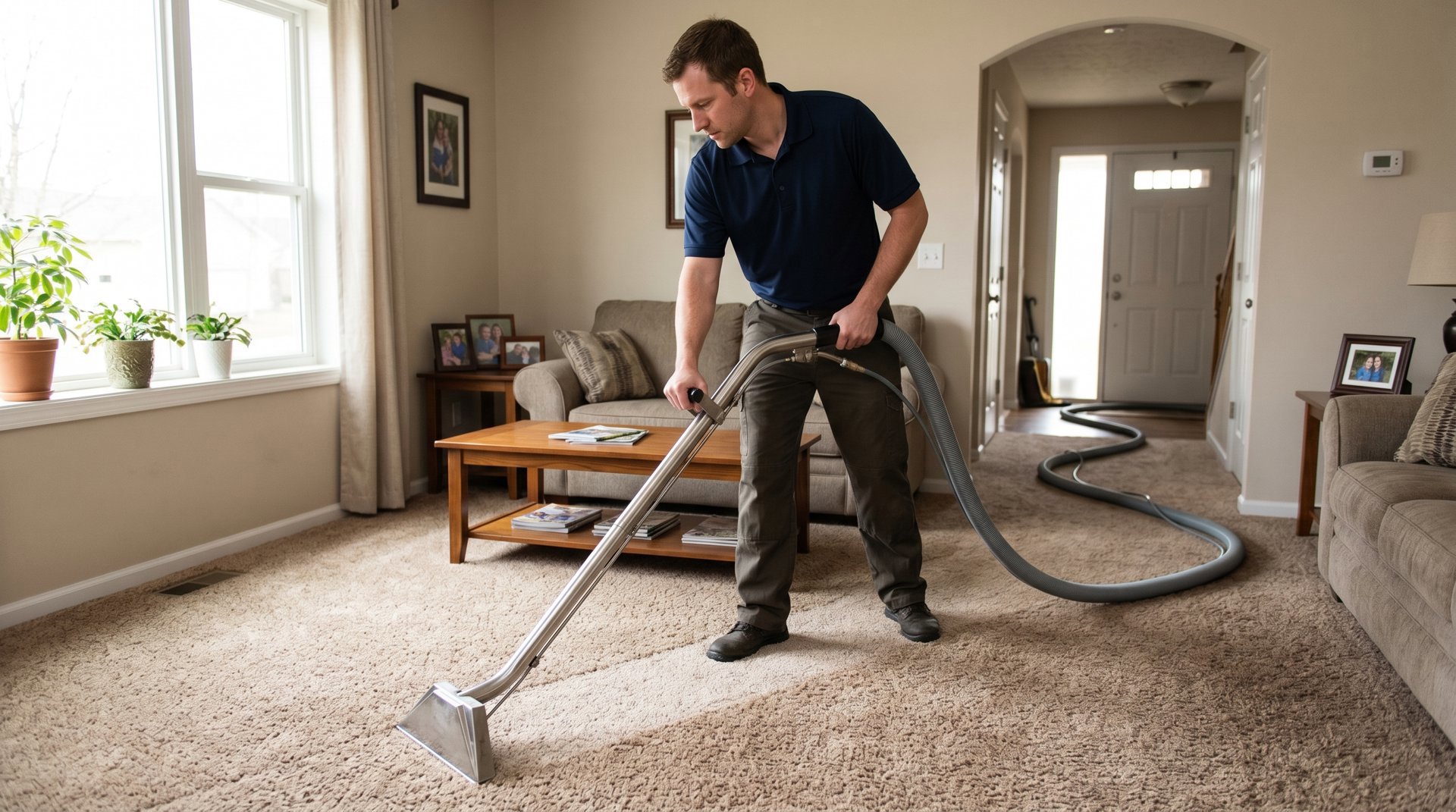 Professional carpet cleaning results in a bright living room