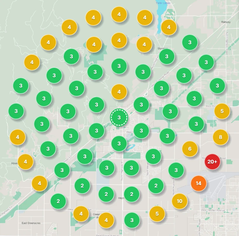 Map scan for Elevation HVAC showing mini split visibility near Rathdrum, Idaho