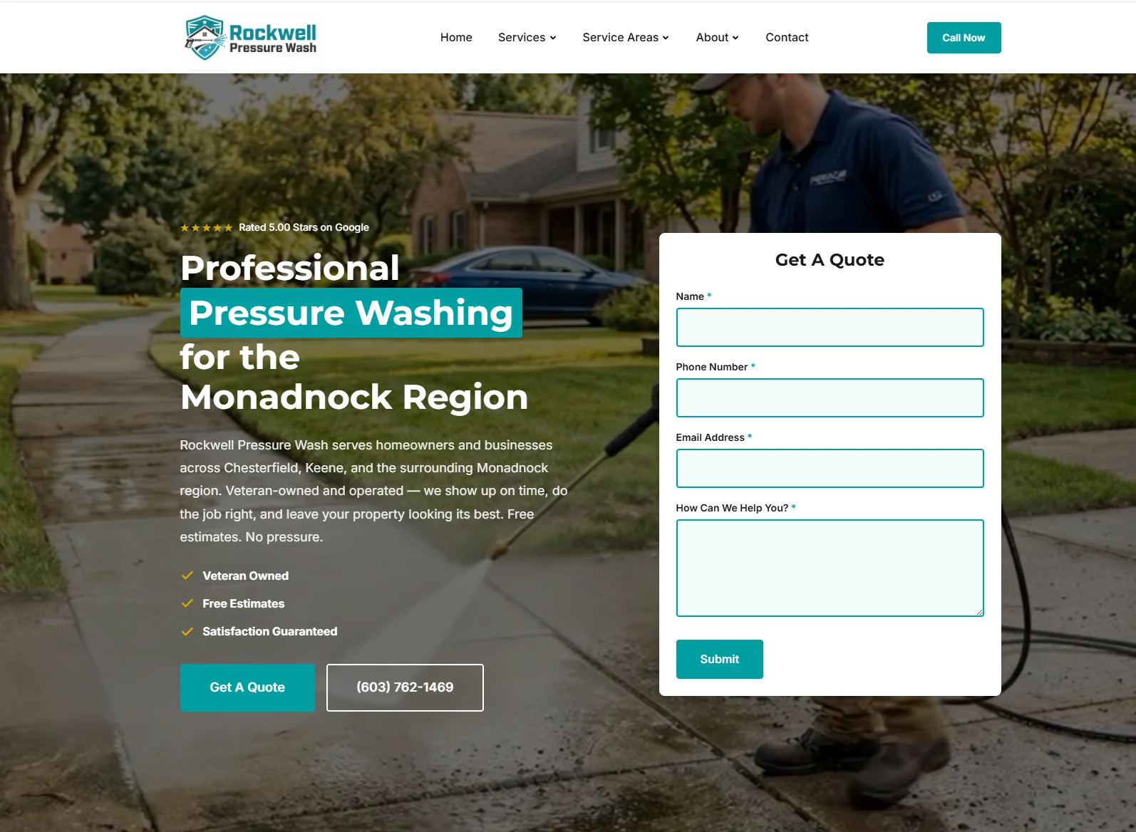 Hero section of the Rockwell Pressure Wash website with pressure-washing services, phone number, and quote form
