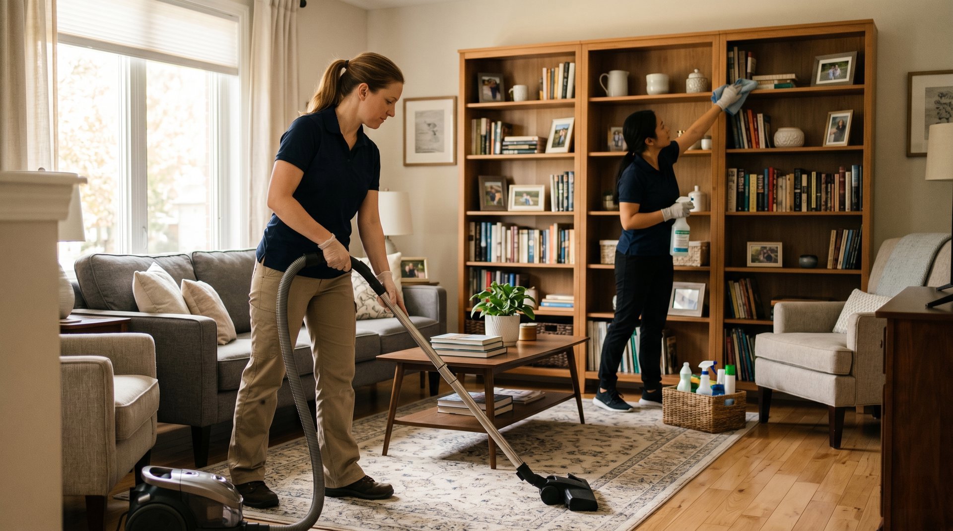 Cleaning professional vacuuming a modern living room