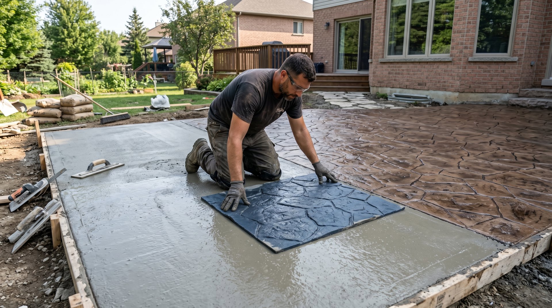 Concrete contractors installing a decorative stamped concrete patio