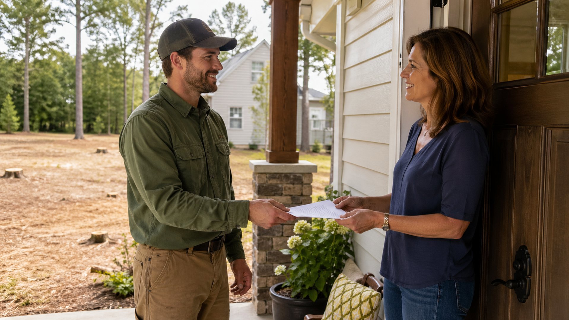 Septic service contractor reviewing a maintenance plan with a homeowner
