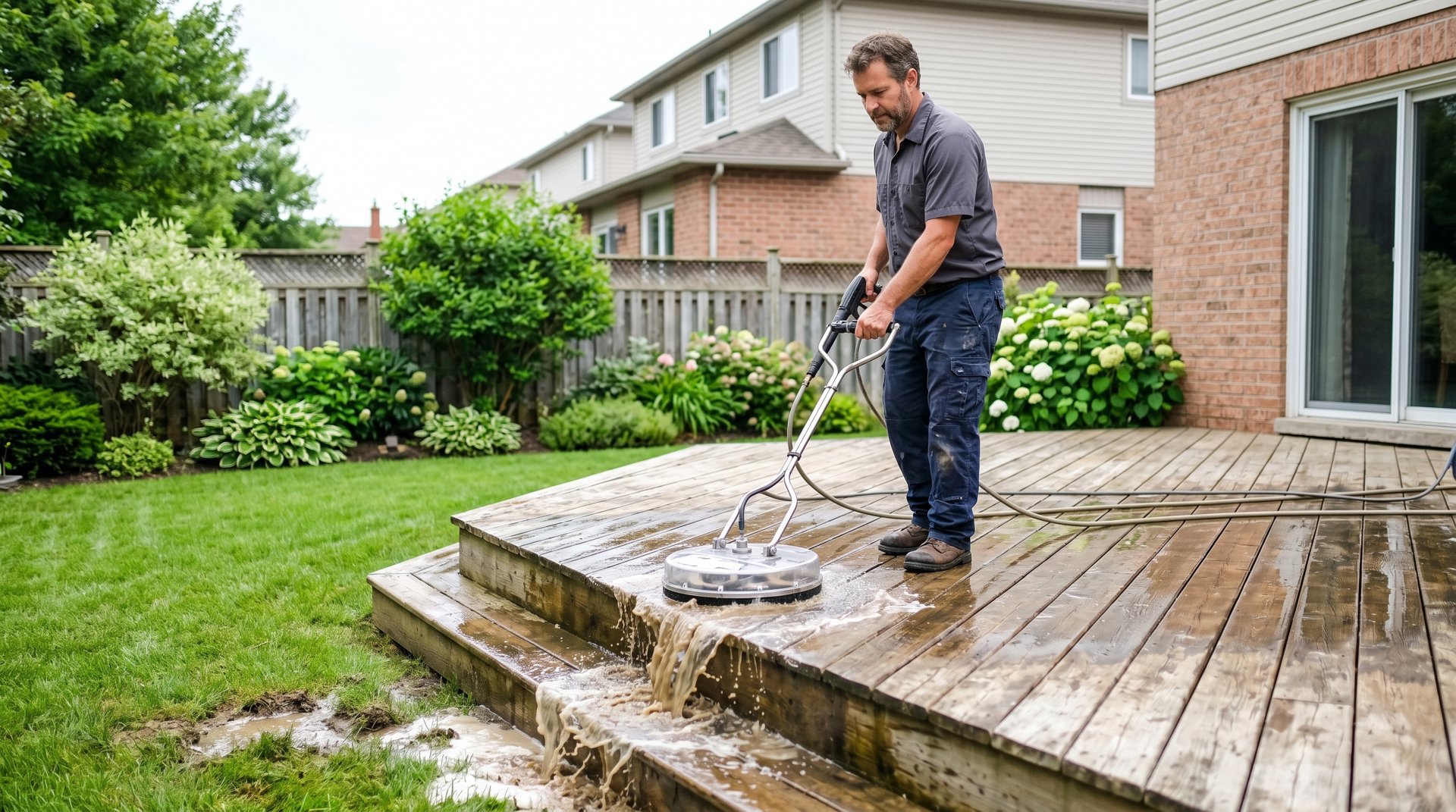 Pressure washing technician cleaning a residential deck