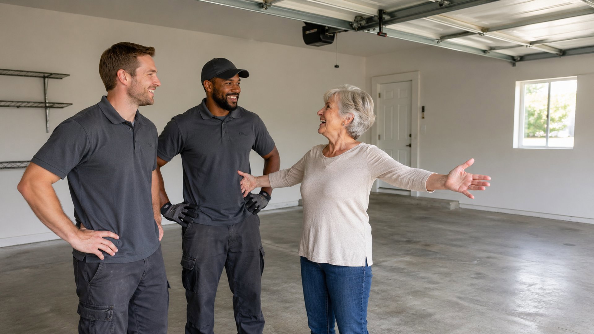 Garage door repair technician discussing service options with a homeowner