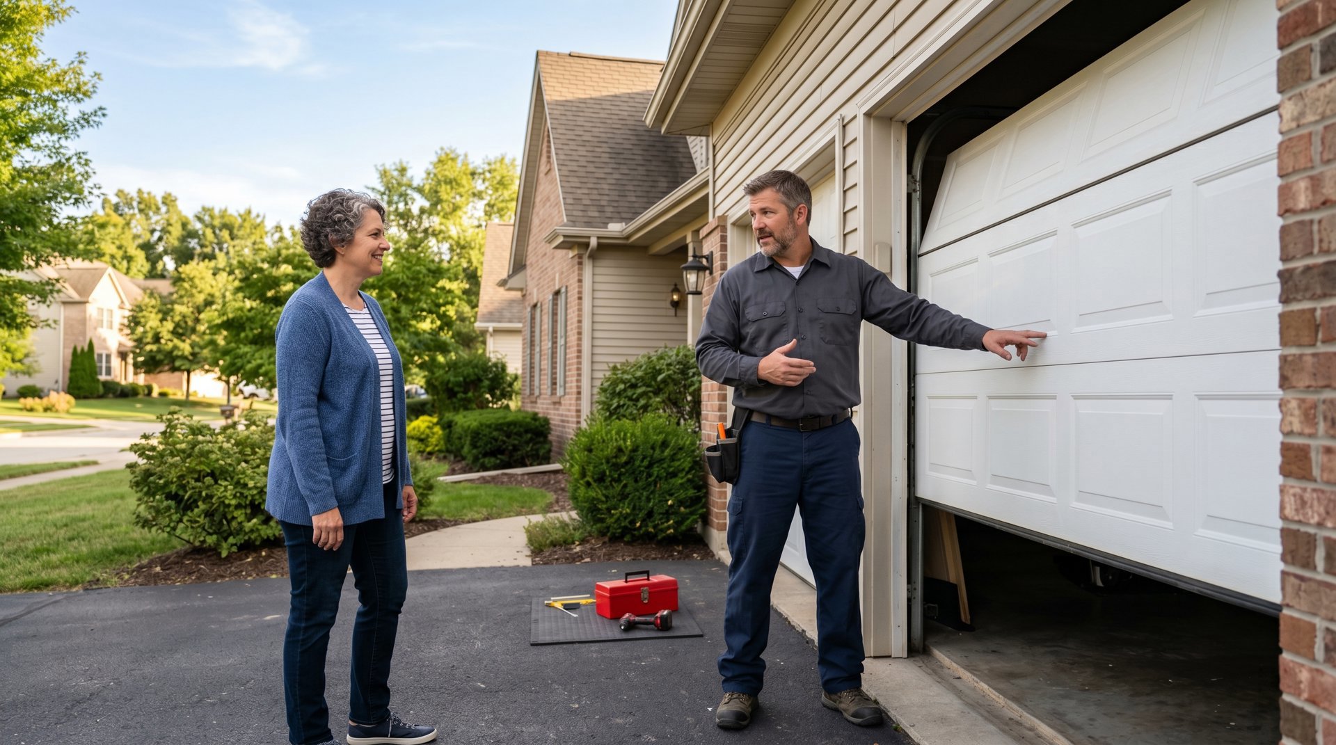 Garage door repair technician consulting with a homeowner