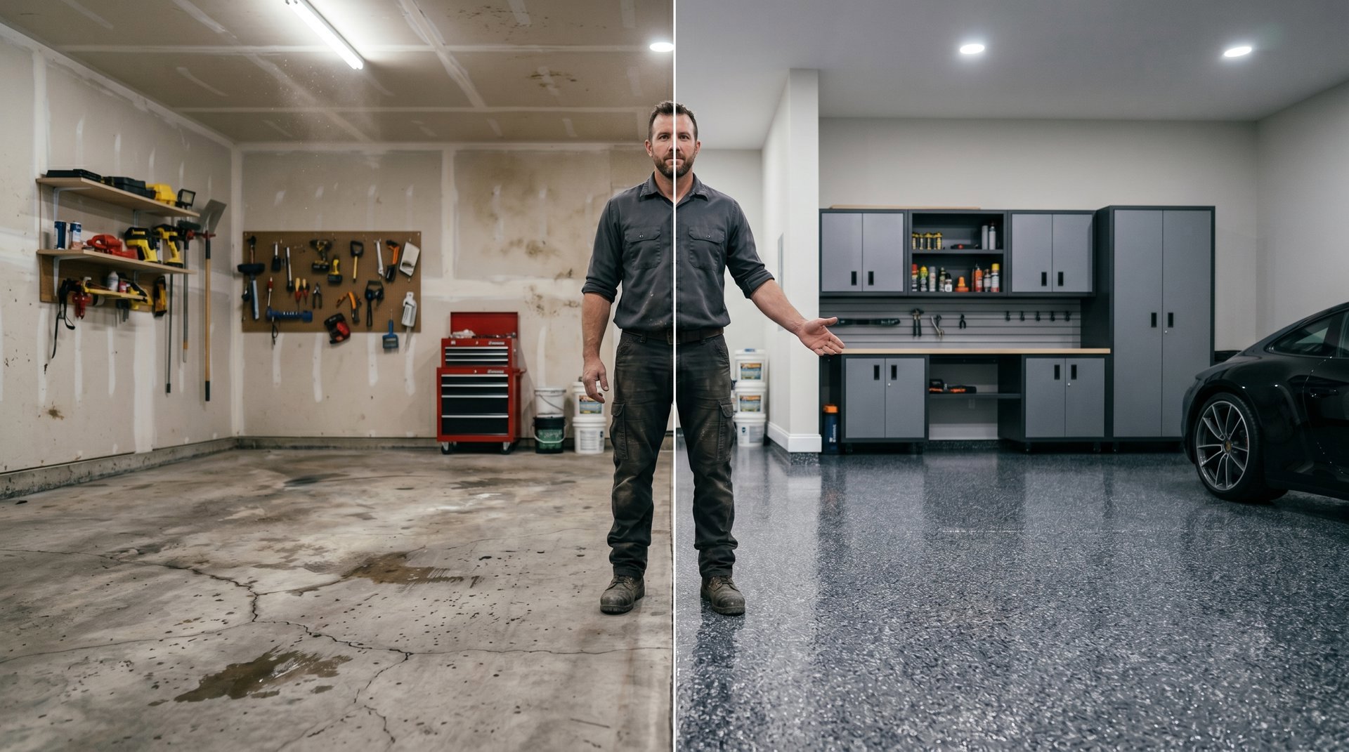 Garage floor coating before-and-after transformation showing a dramatic improvement
