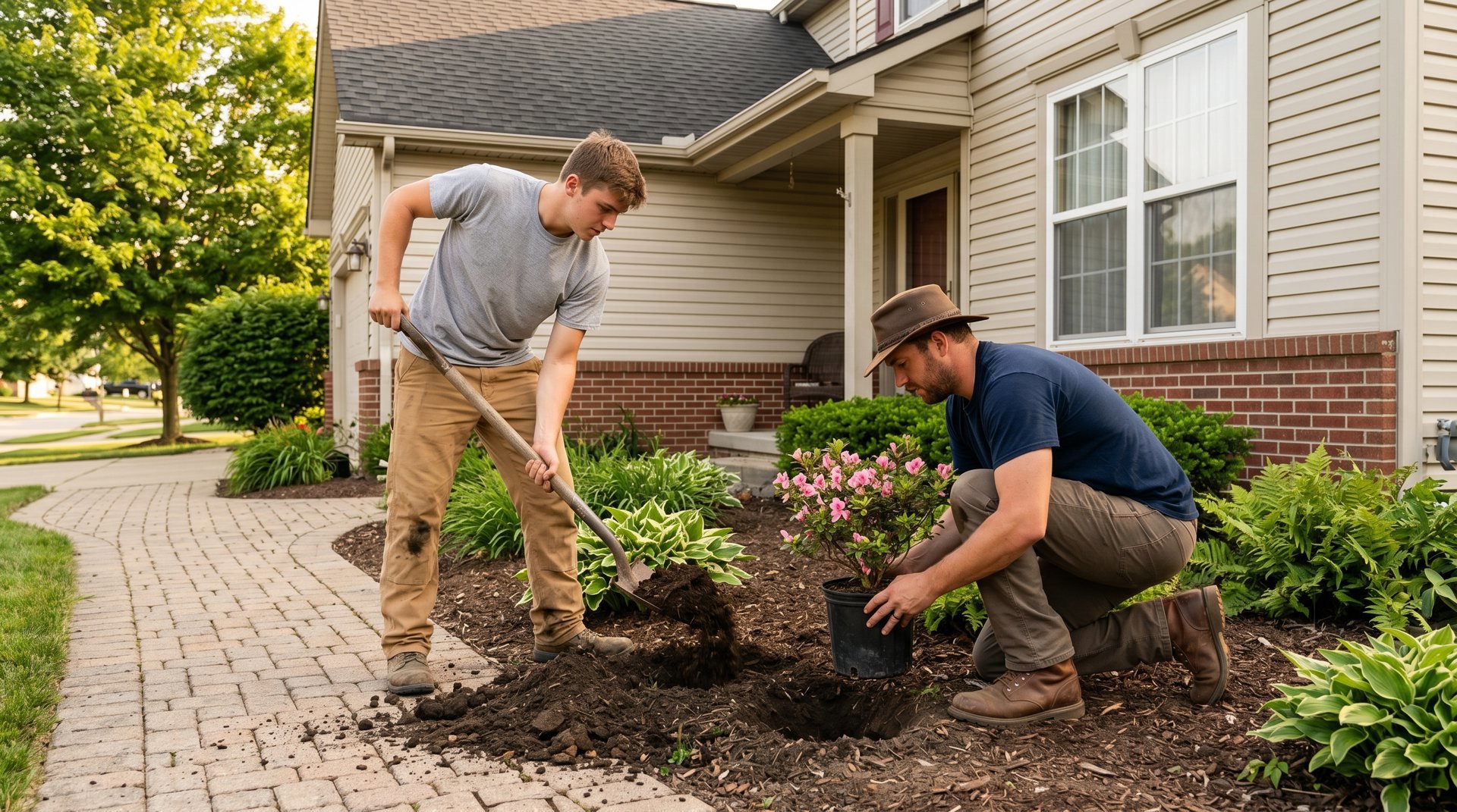 Professional landscaper planting shrubs in a residential garden