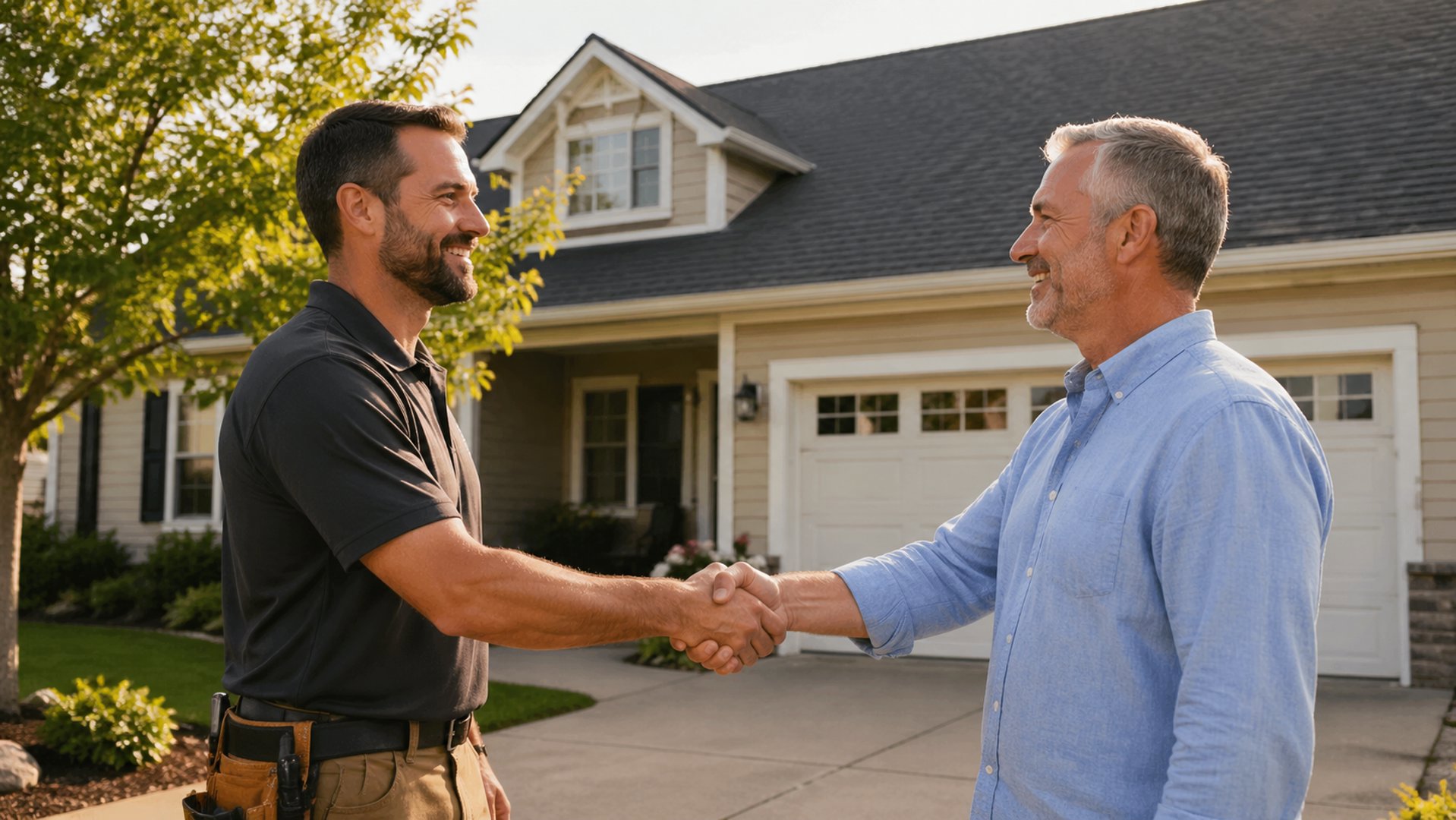 Generator installer greeting a homeowner at their property for an installation consultation
