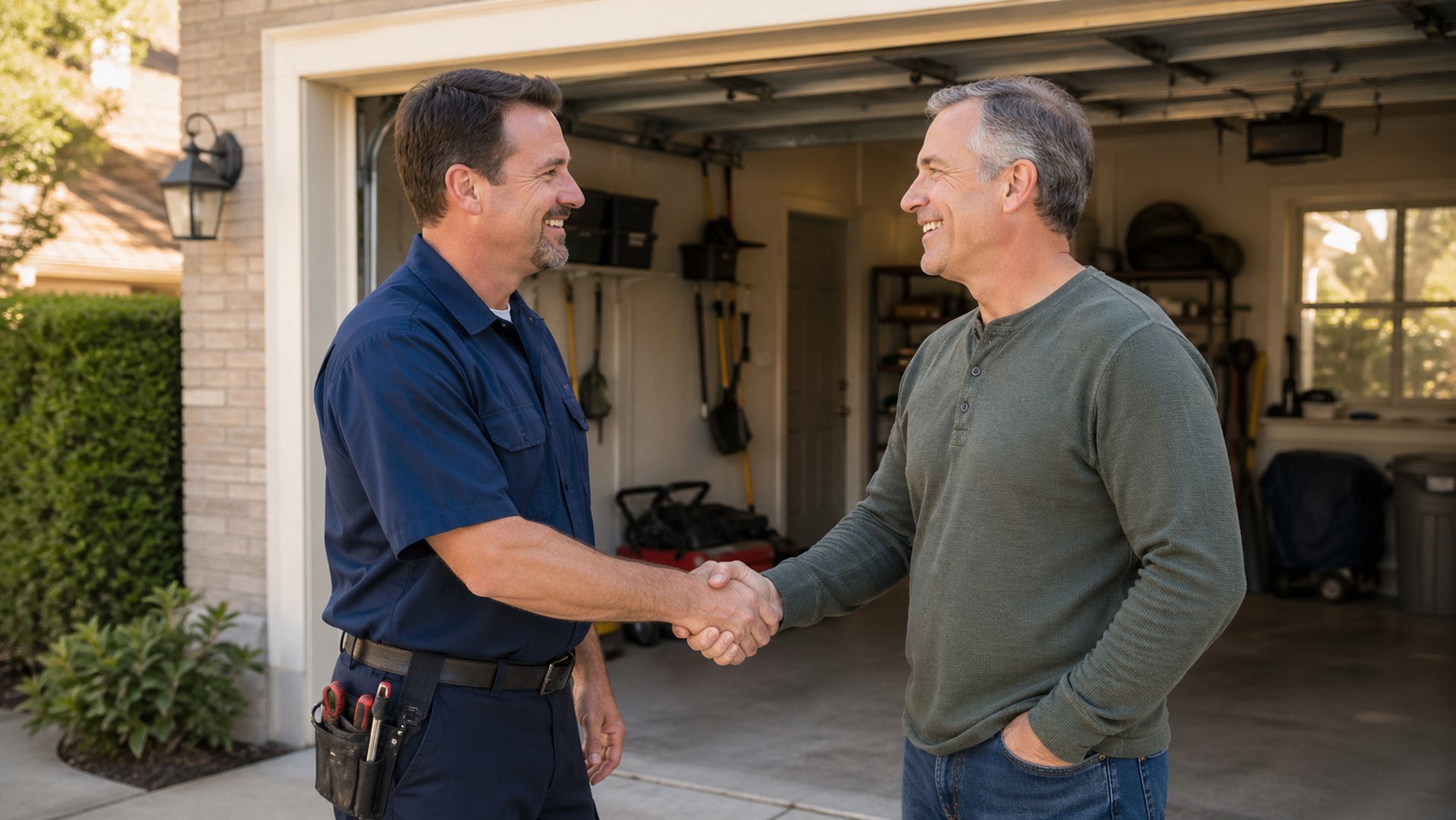 Generator installation team meeting with a homeowner before a standby generator installation