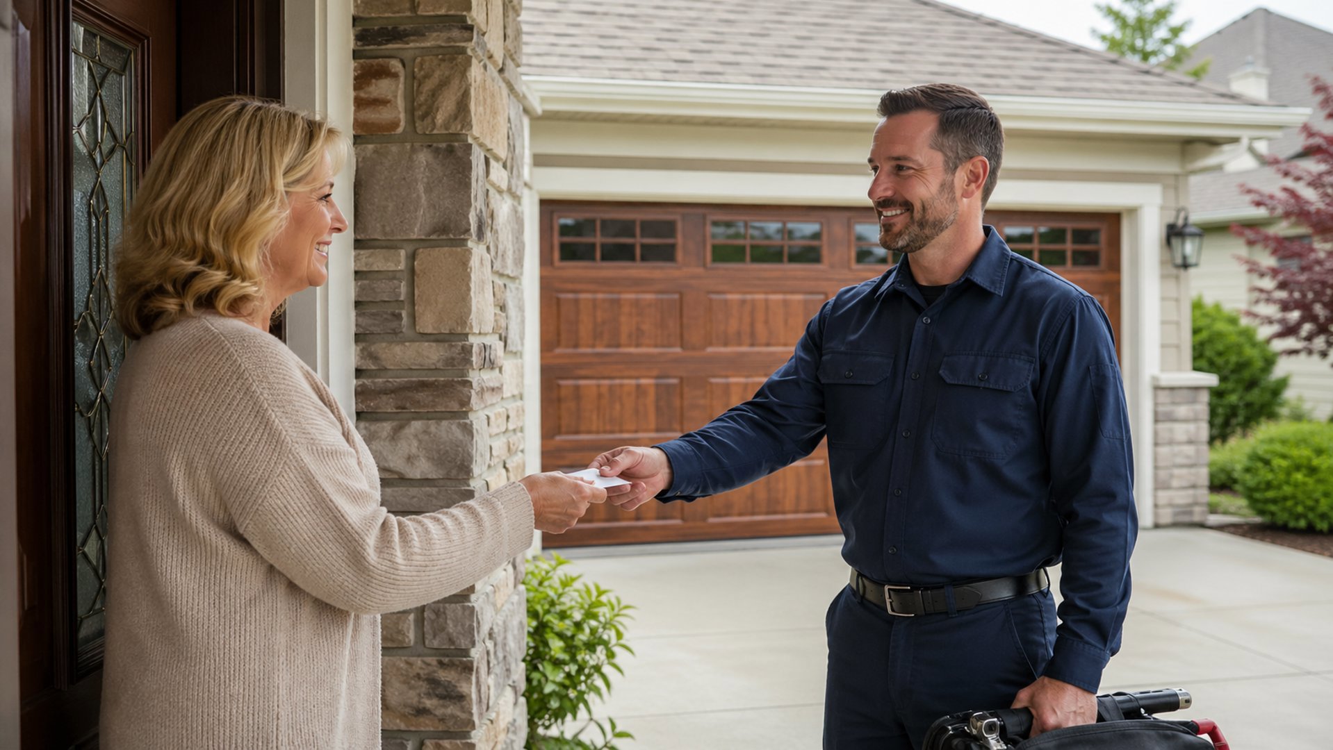 Drain and sewer technician consulting with a homeowner about service needs