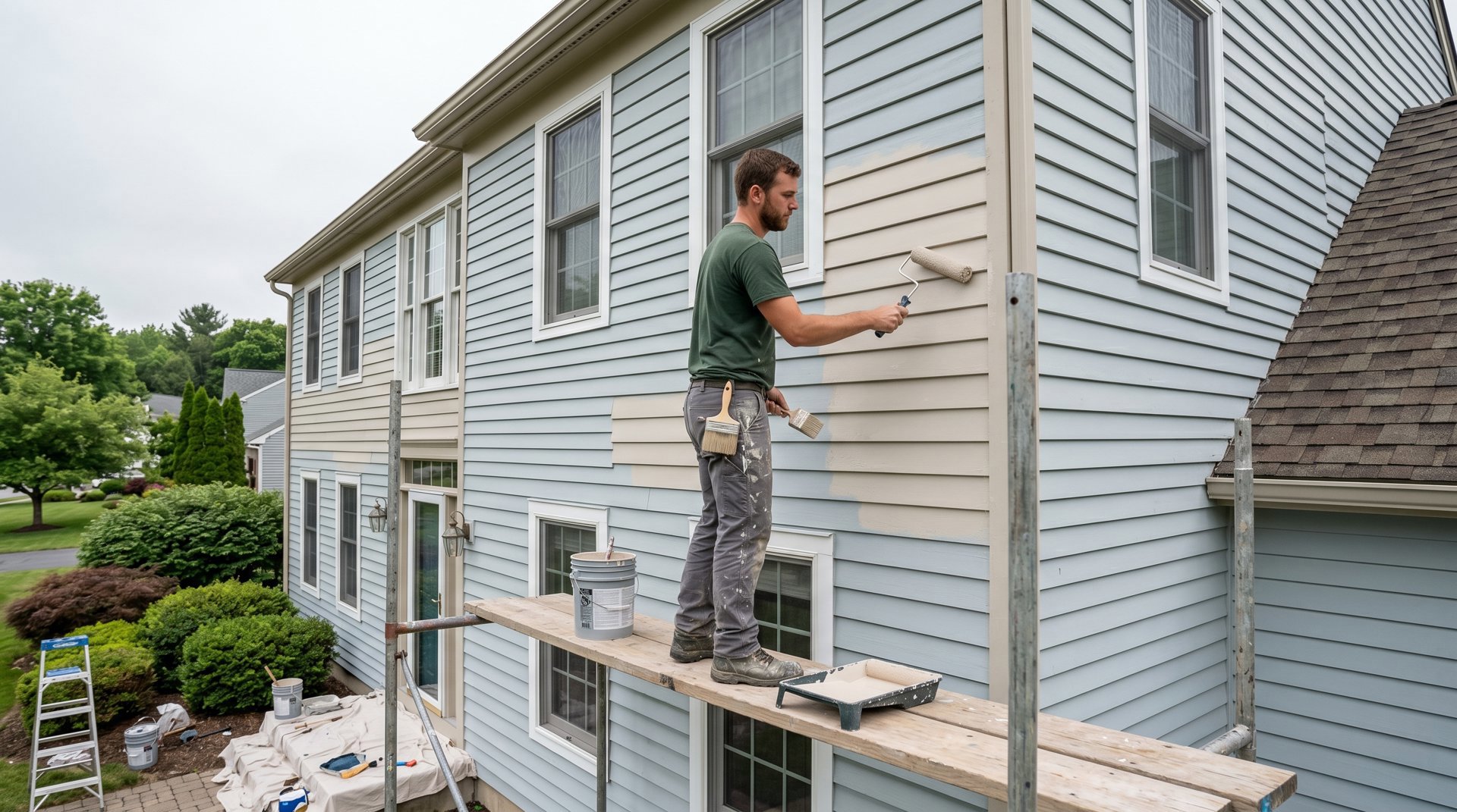 Exterior house painting crew working on scaffolding