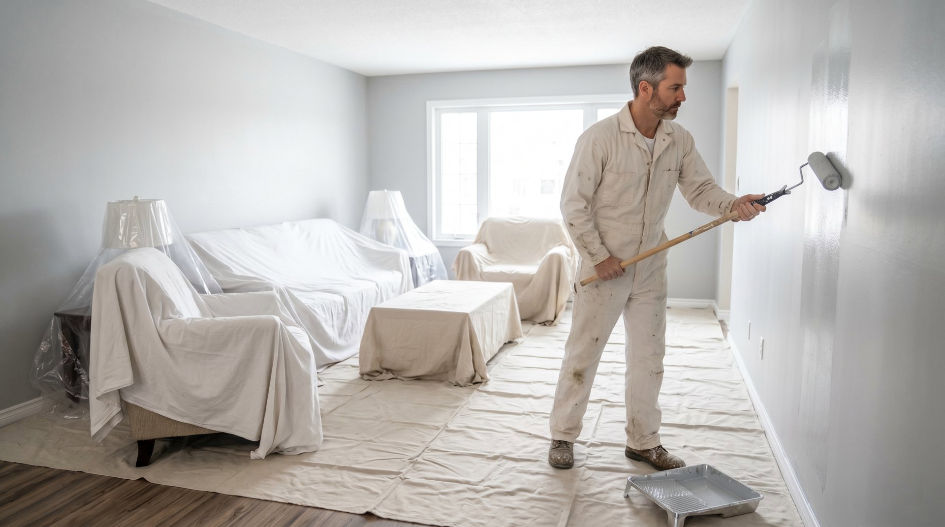 Professional painter applying finish to an interior wall with a roller