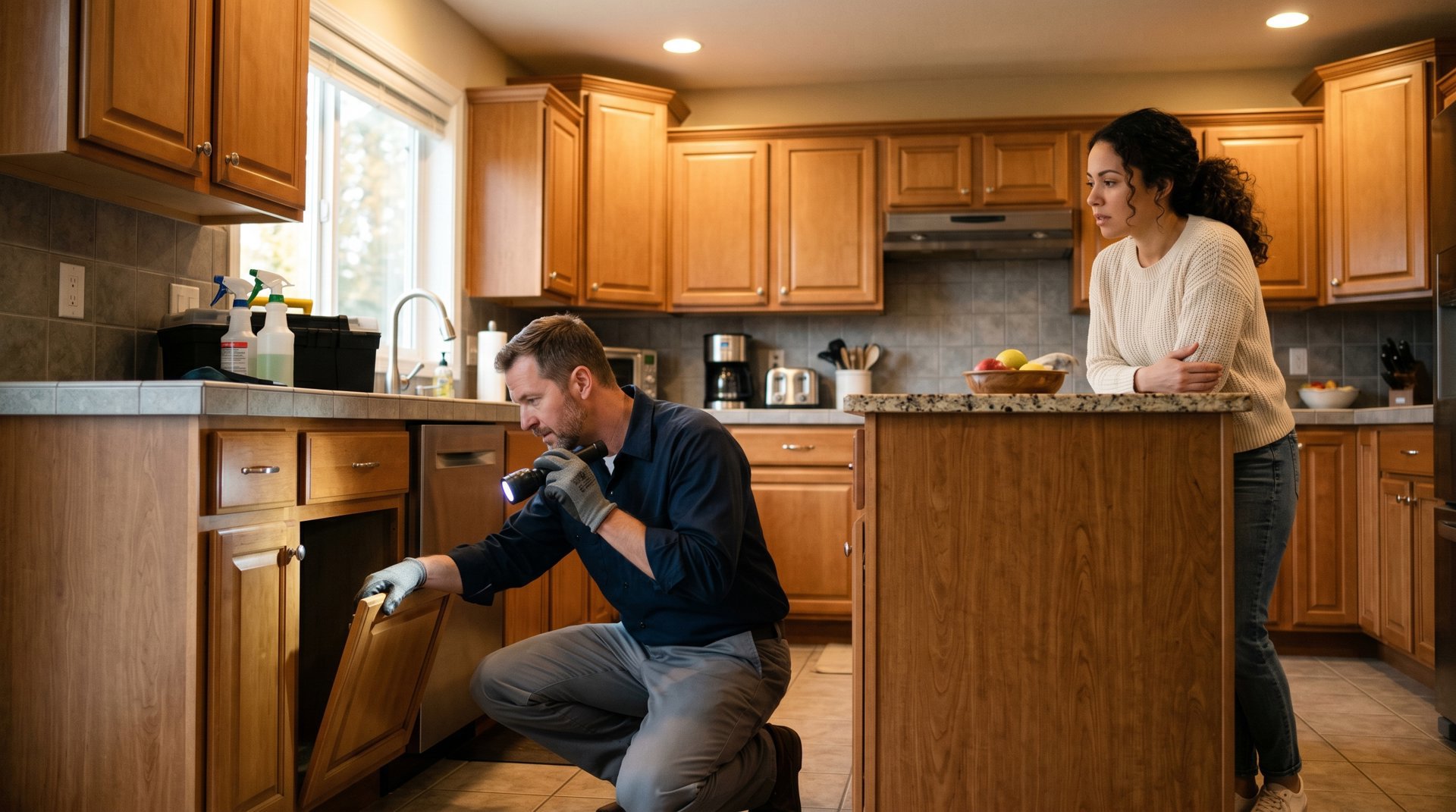 Pest control specialist inspecting kitchen cabinets for pest activity