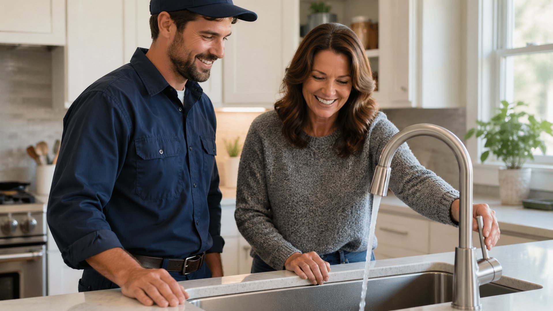 Plumber installing a new kitchen faucet for a homeowner