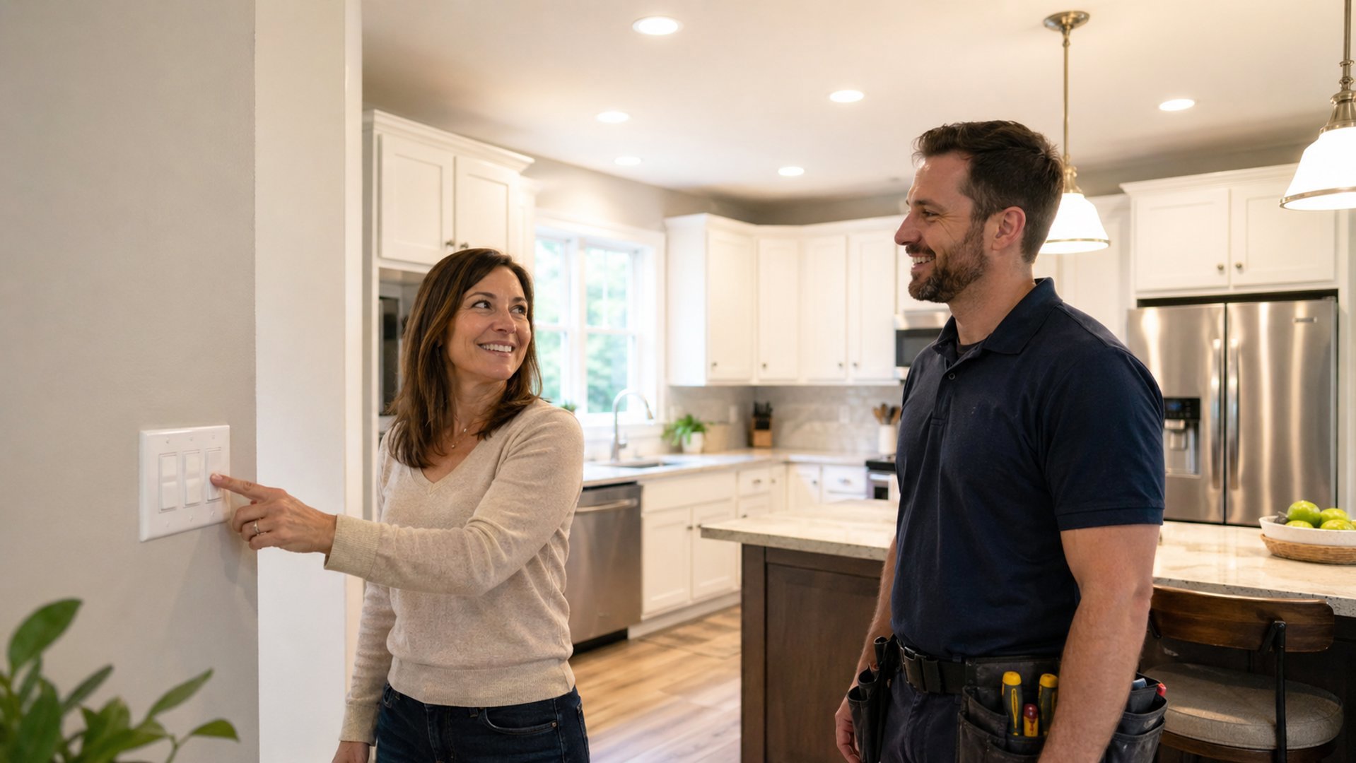 Electrician inspecting residential kitchen light switch and wiring