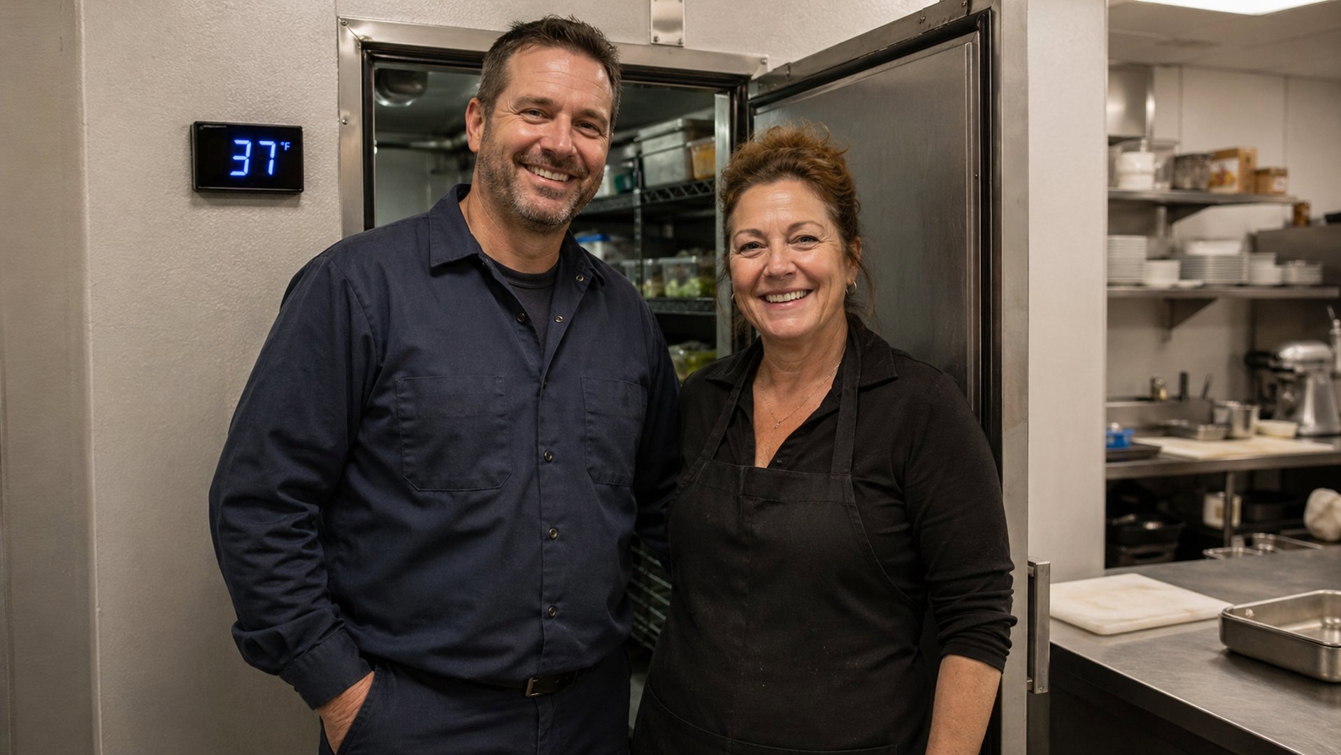 Restaurant staff inspecting a commercial walk-in refrigerator unit