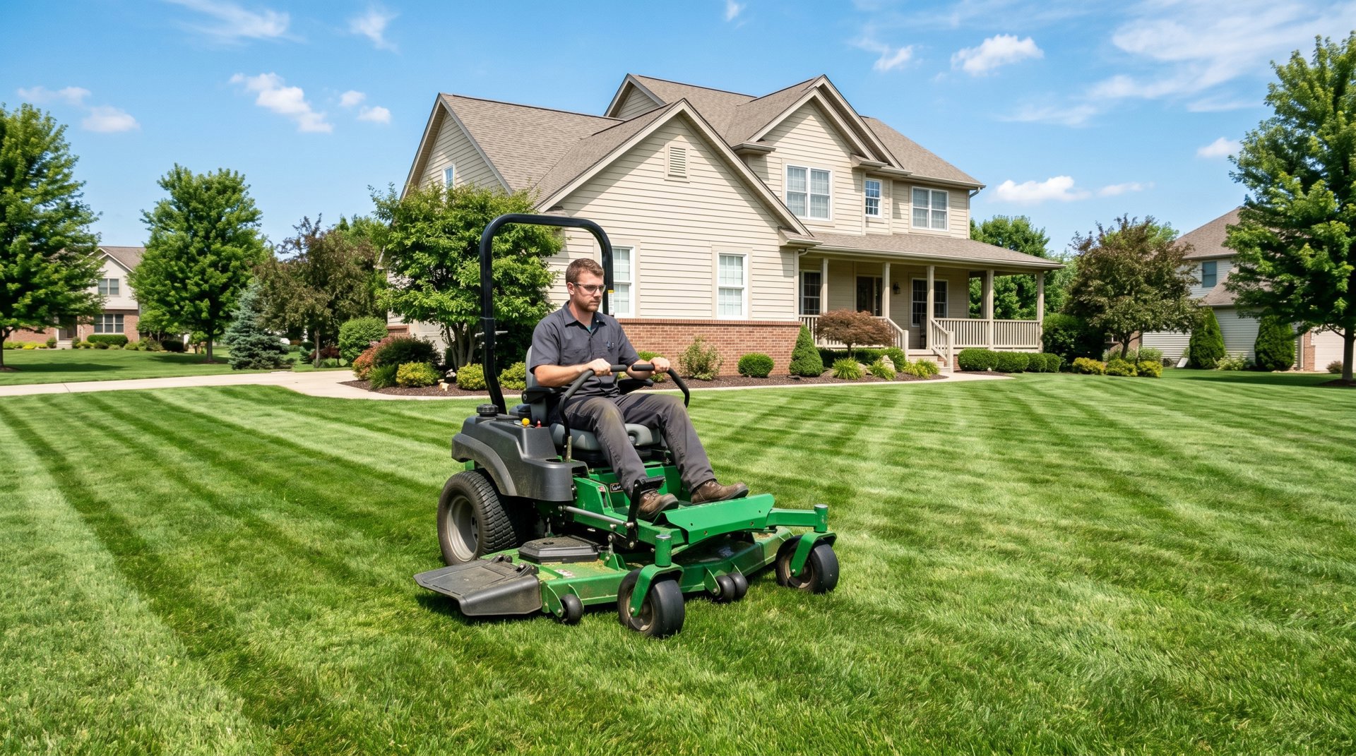 Landscaper mowing a residential lawn with a riding mower