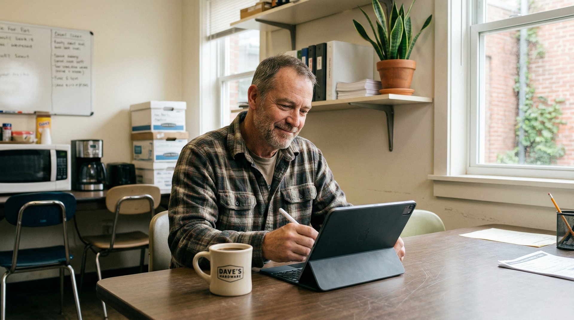 Business owner managing local SEO from a tablet