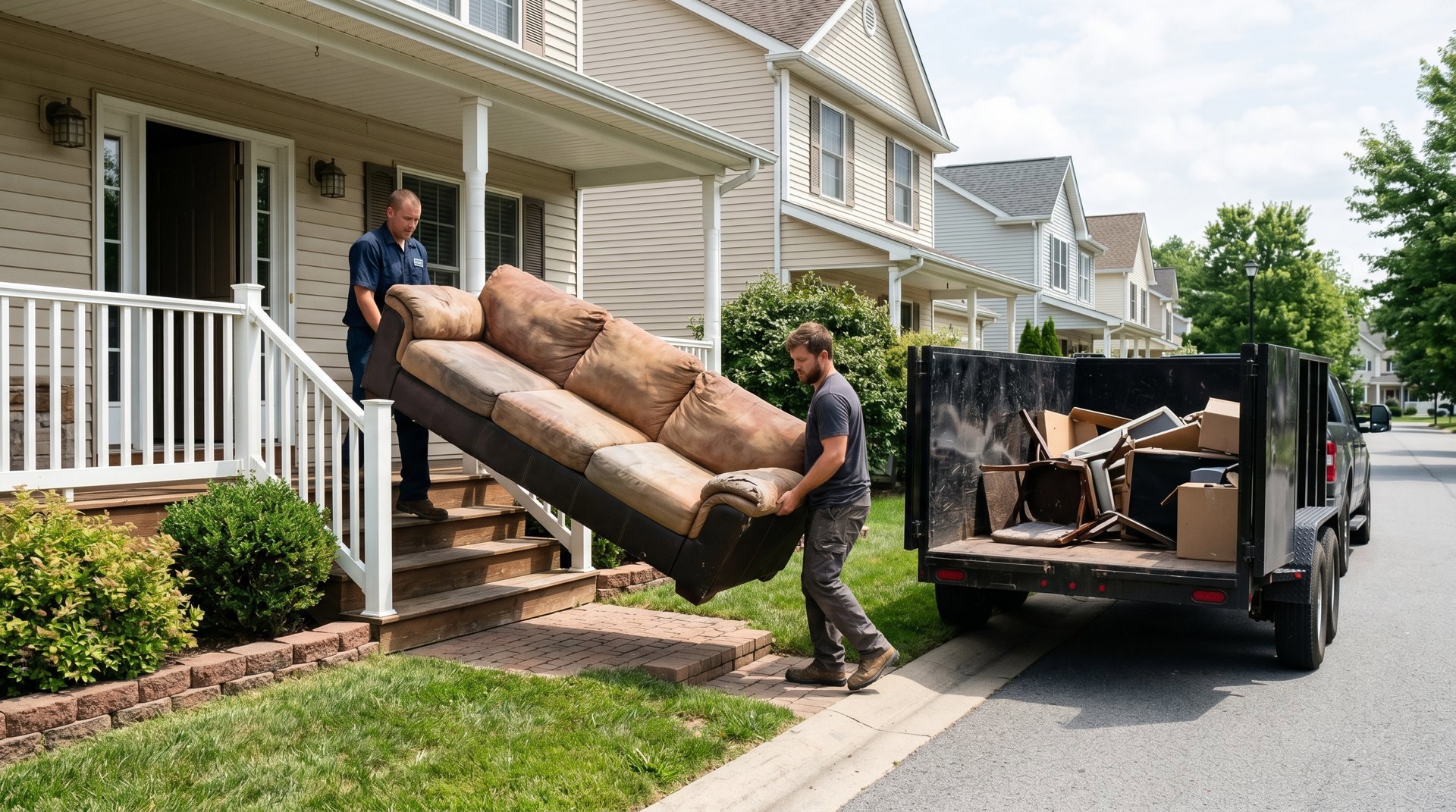 Junk removal team moving a sofa from a house to their truck