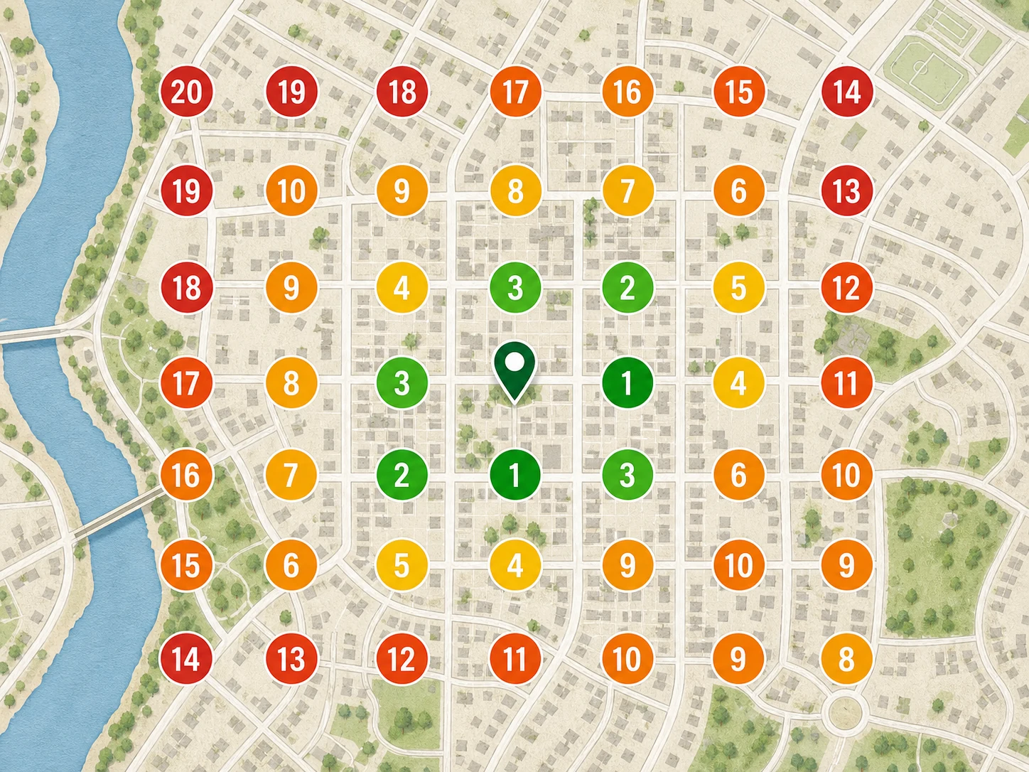 Example local search ranking geogrid with green, yellow, orange, and red map positions