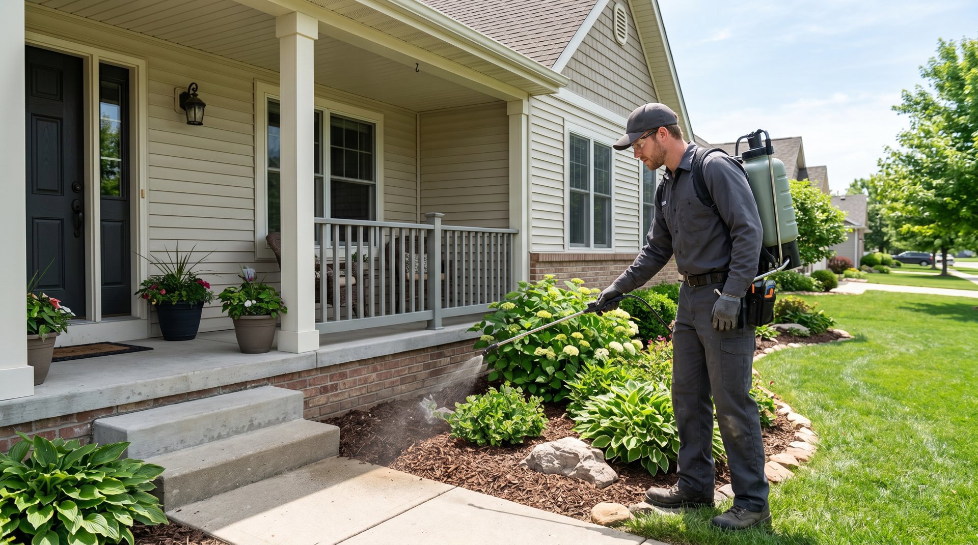 Pest control technician spraying treatment in residential front yard