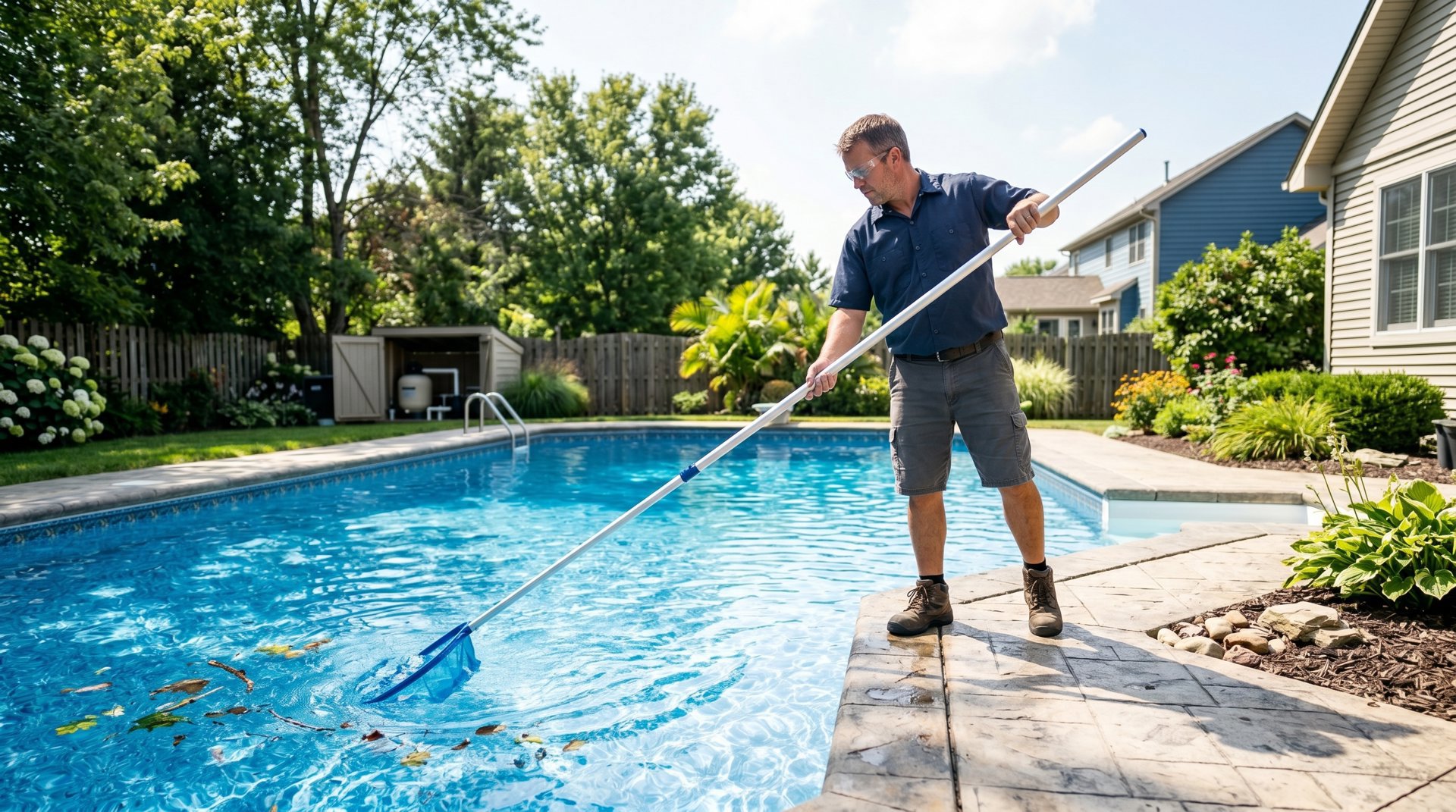Pool service technician skimming and cleaning a residential swimming pool