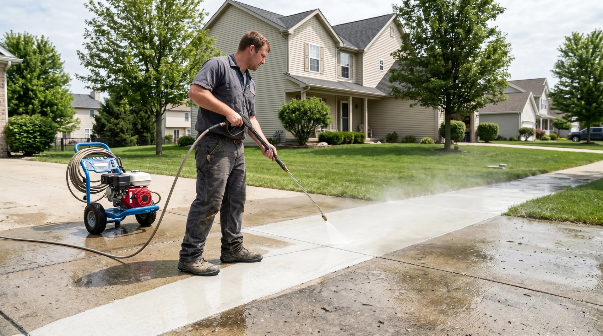 Pressure washing technician cleaning a residential sidewalk