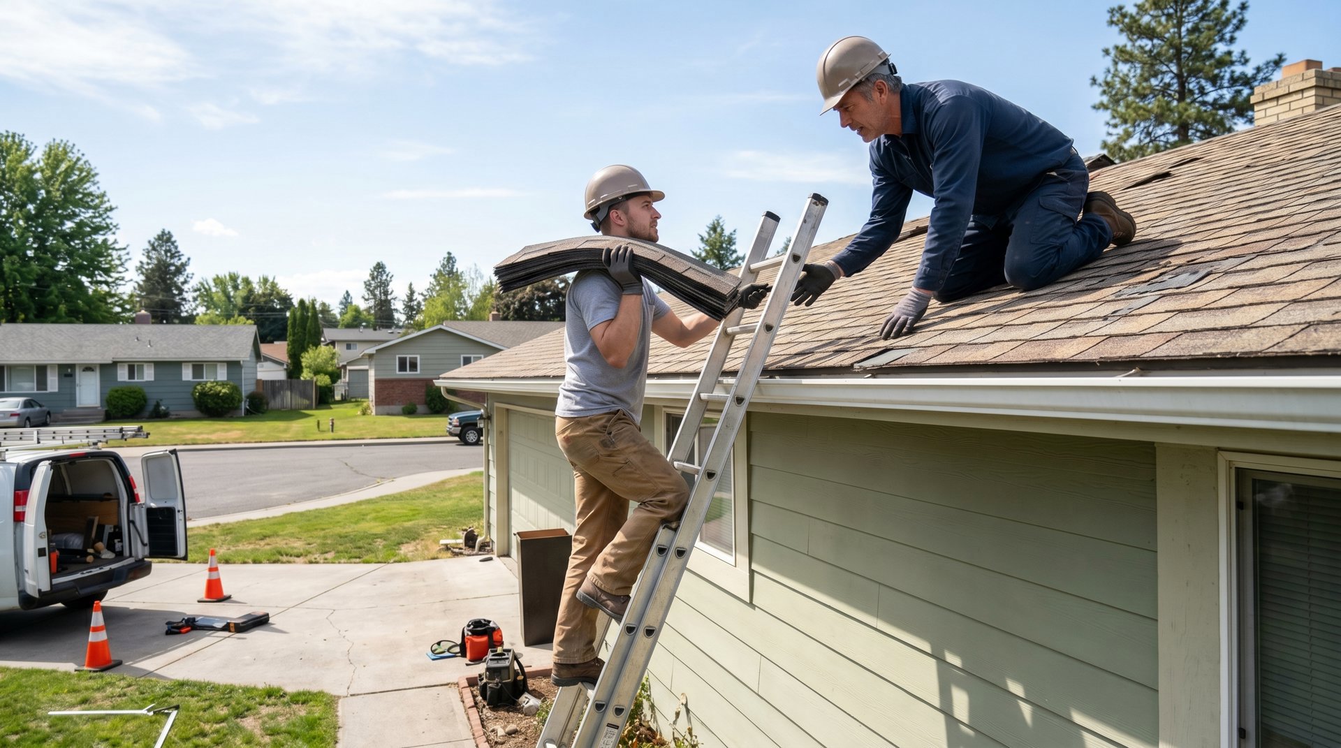 Roofing contractors performing roof repair with ladder access