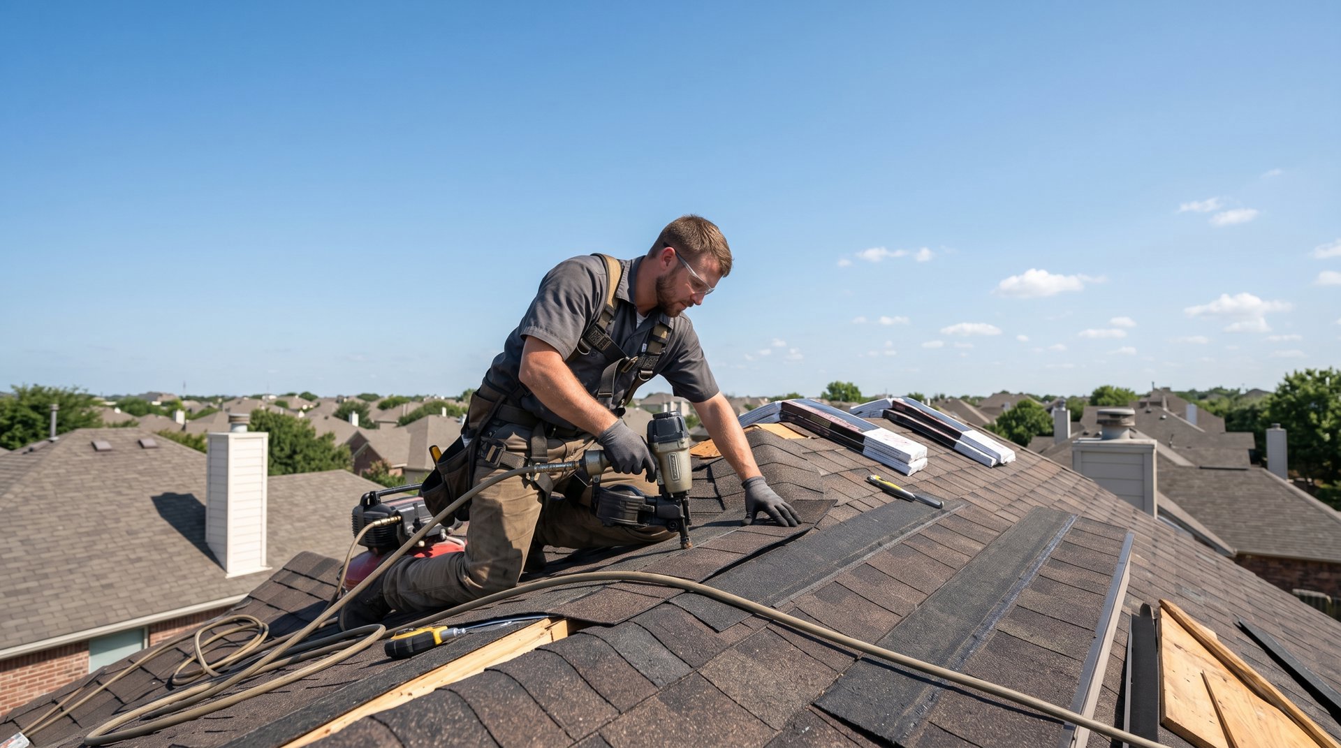 Roofing contractor installing shingles on a residential roof