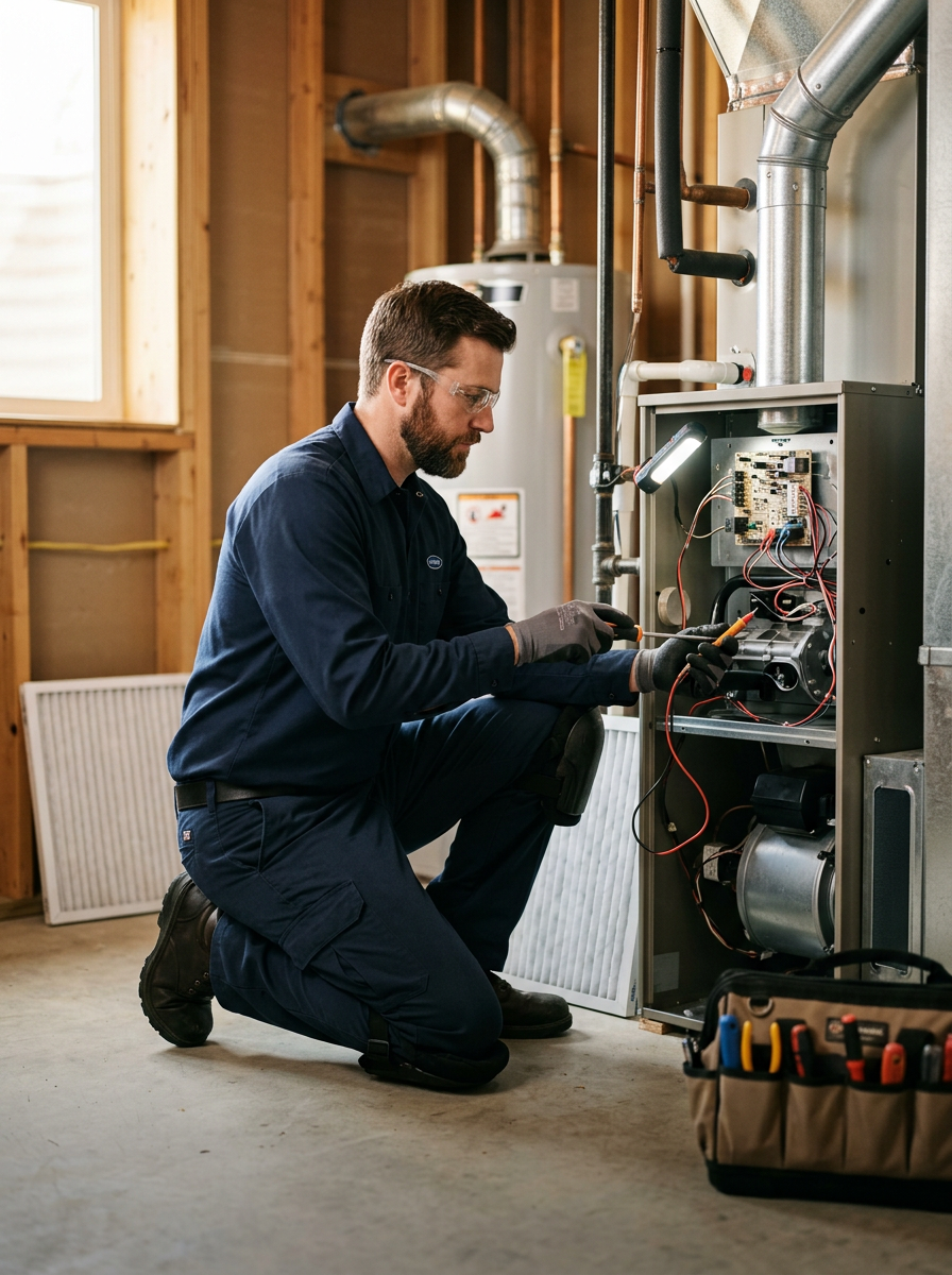 HVAC technician servicing residential air conditioning unit