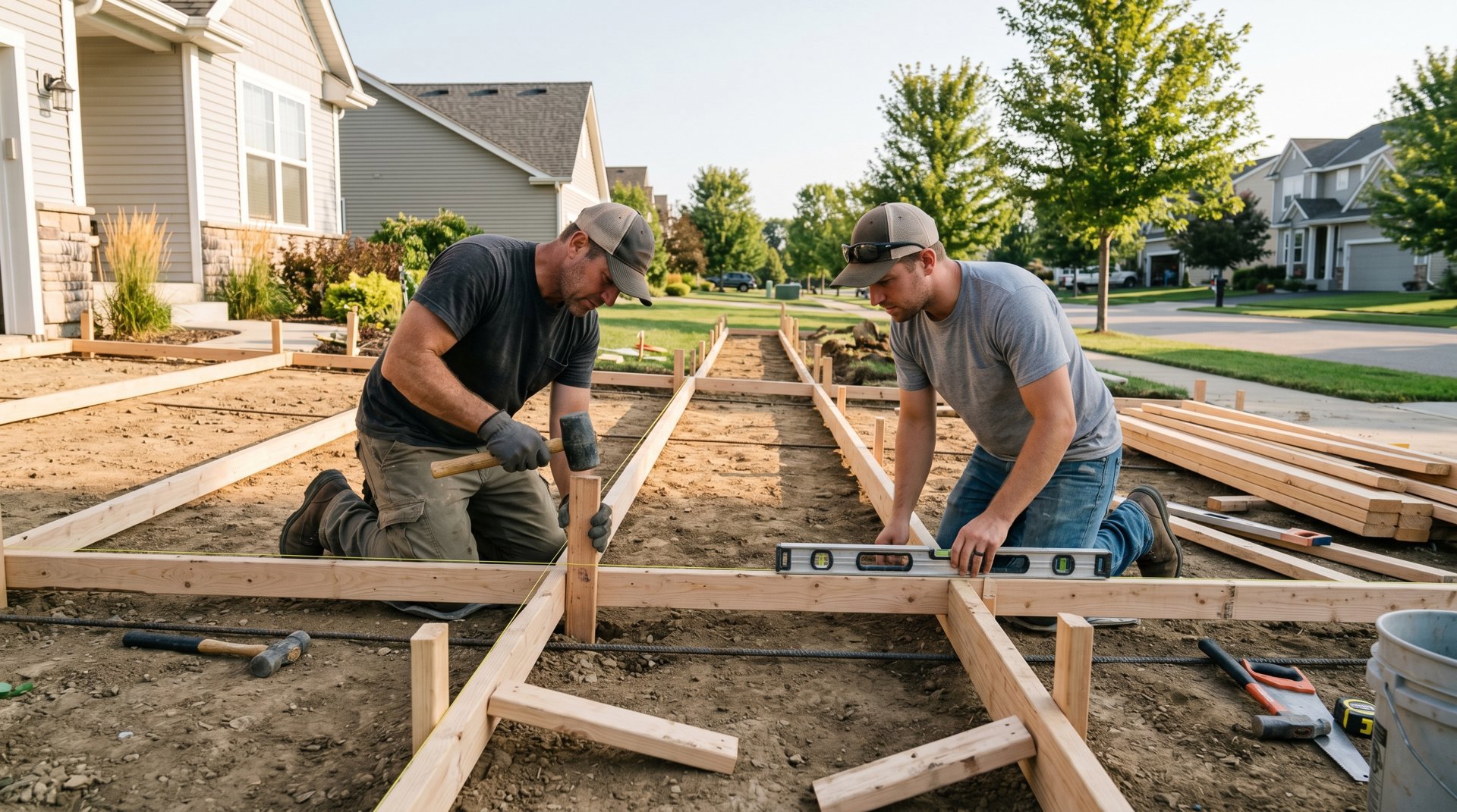 Concrete crew forming and framing for a new residential concrete sidewalk