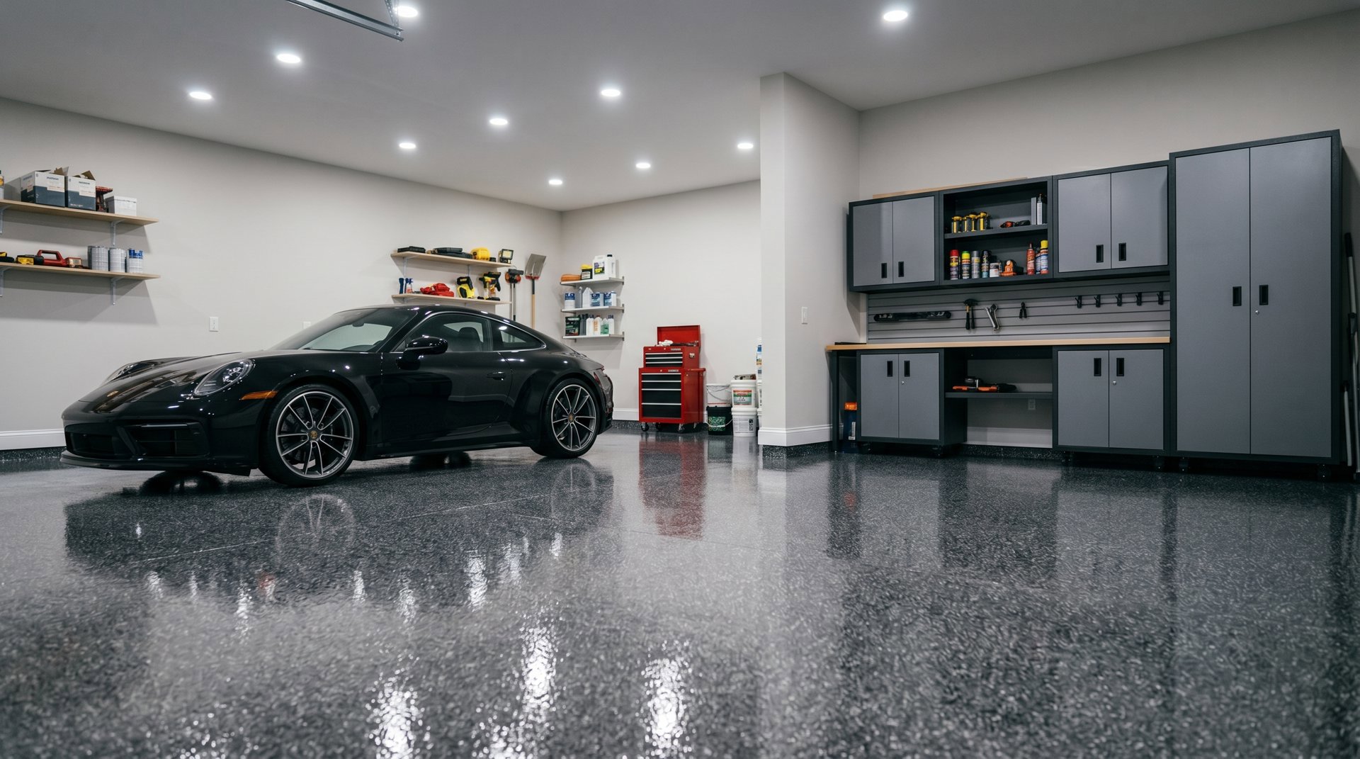 Completed residential garage floor with a professional showroom-quality coating finish