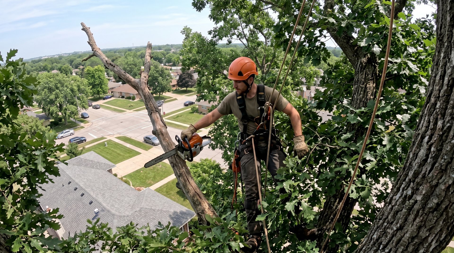 Tree service worker trimming branches with a chainsaw