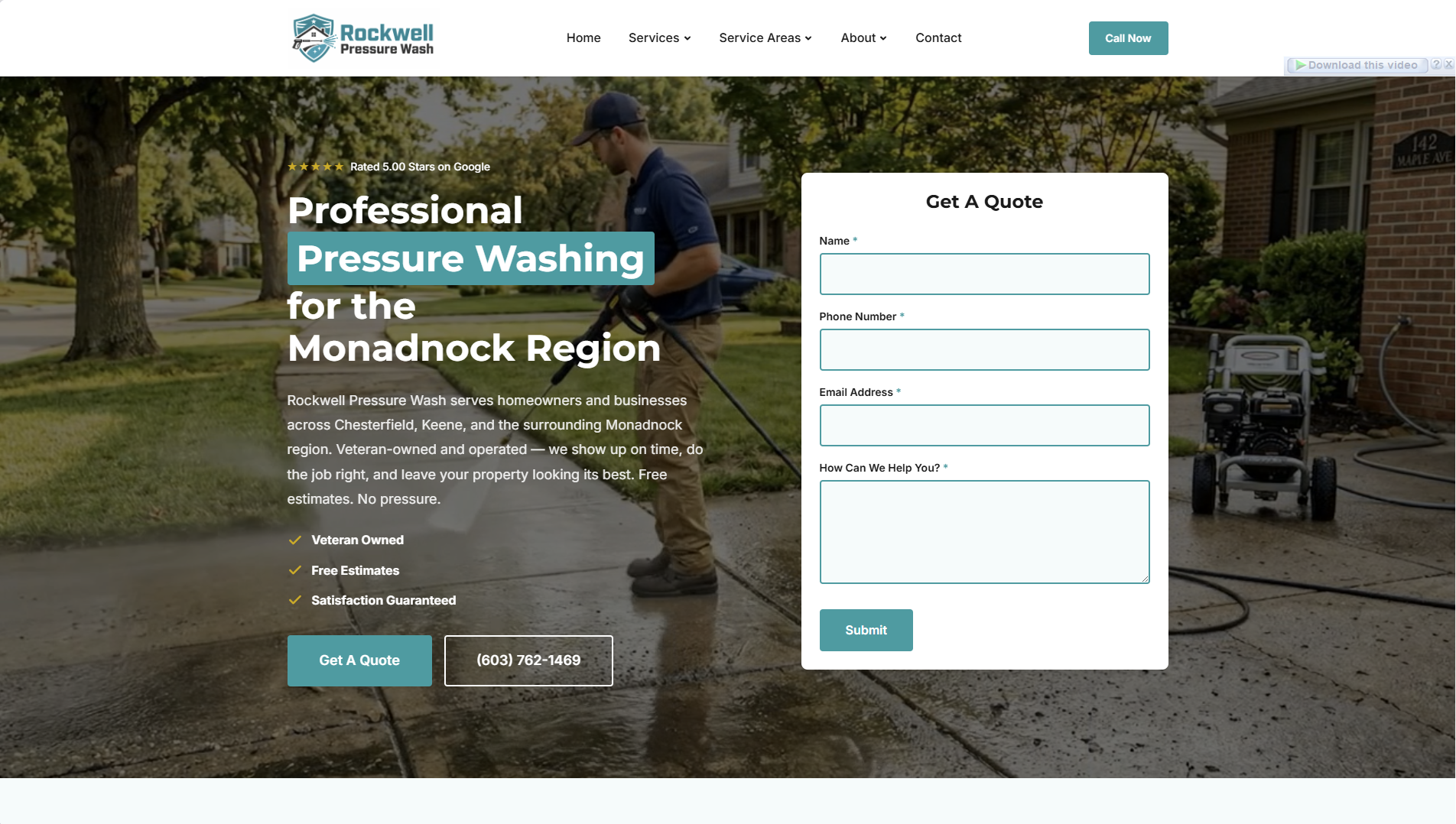 Screenshot of the Rockwell Pressure Wash website homepage