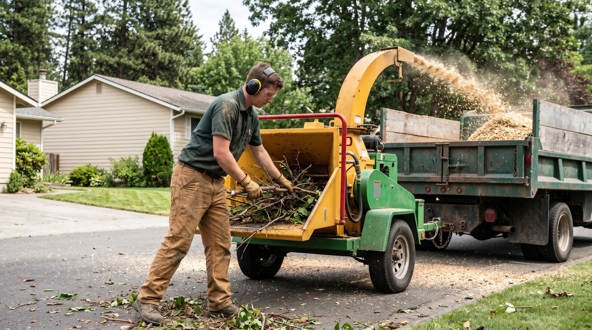 Tree service crew operating a wood chipper on a residential job